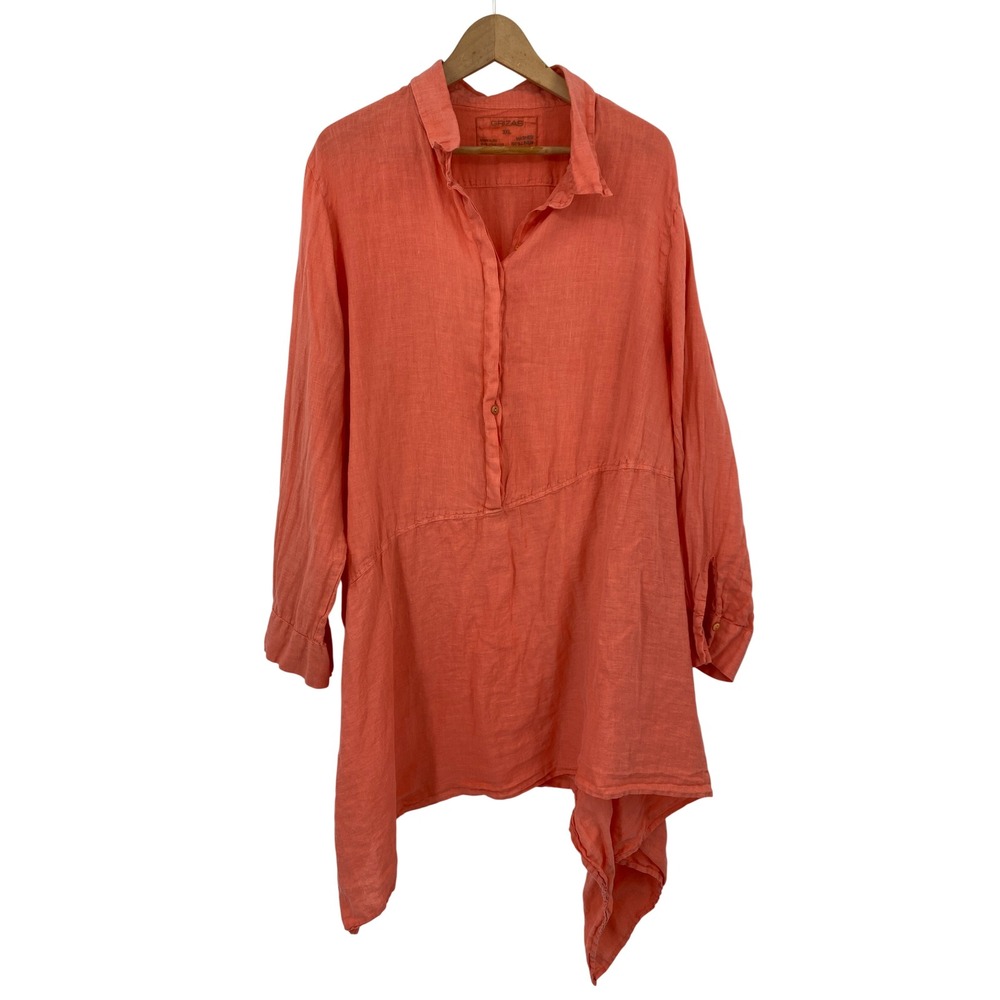 Lagenlook Grizas Tunic Top Womens 3XL Orange Linen Asymmetric Hem Long Sleeve